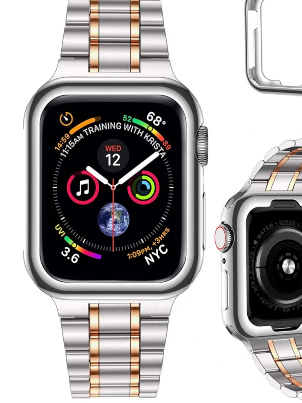 Apple Smartwatch Stainless-Steel Band w TPU Case 45mm Series 9/8/7 (SILV/ROSE)